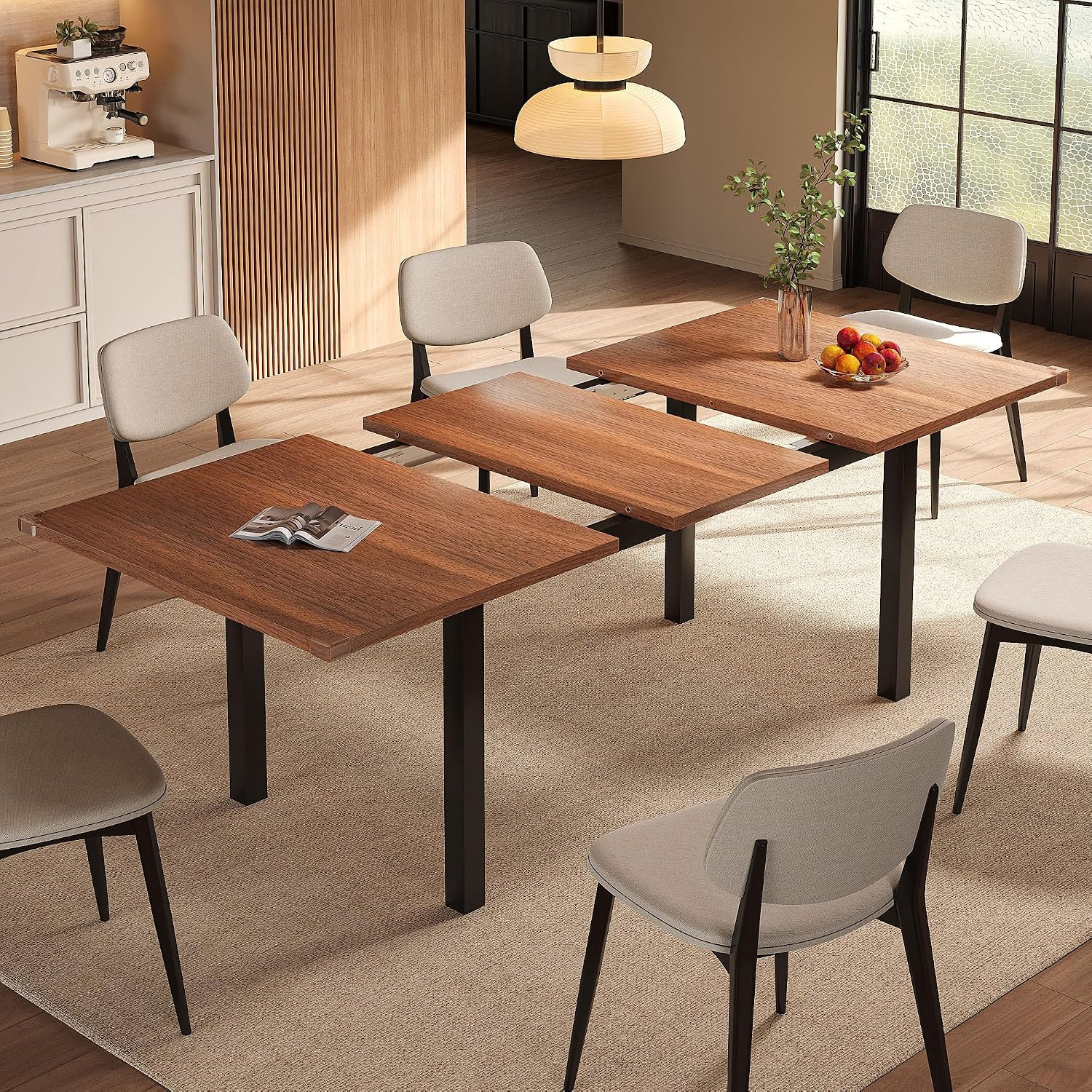 Extendable Dining Table for 4-6, 63" Modern Kitchen Table, Farmhouse Dining Room Tables for Dining, Kitchen, Office, Living Room, Rectangular Wooden Tables, Space Saving (Walnut) | Amazon (US)