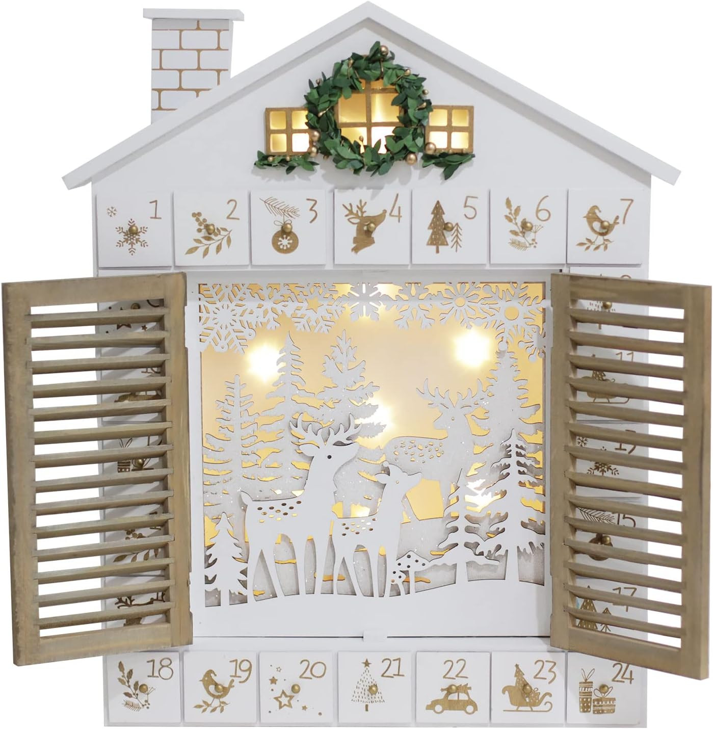Wooden Christmas Advent Calendar House with Blinds Style LED lighting Reindeer Forest Xmas Gifts ... | Amazon (US)