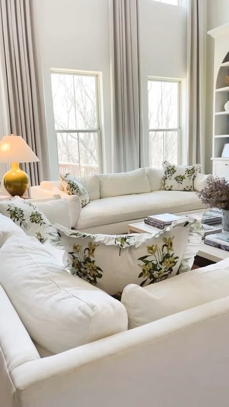 The prettiest floral pillows with ruffle edge detail - they are such a beautiful addition to our family room! 

#LTKSeasonal #LTKhome #LTKVideo