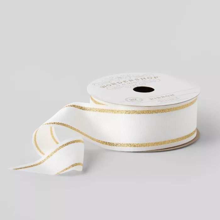 1.5" Fabric Ribbon White/Gold Stripe 20ft - Wondershop™ | Target