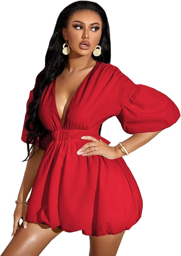 WDIRARA Women's Deep V Neck Puff Sleeve High Rise Flare Dress Elastic Waist Dress | Amazon (US)