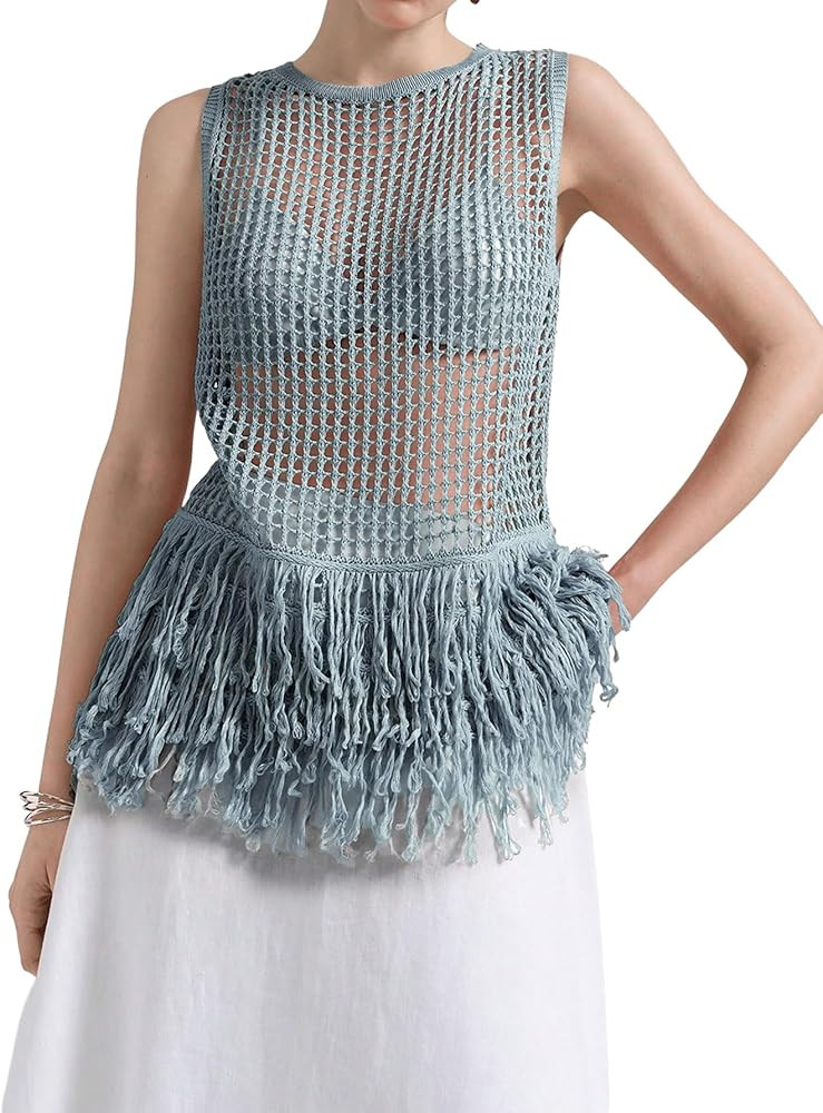 Milumia Chalecos largos de punto con flecos para mujer, sexy, transparente, sin mangas, su\u00e9t... | Amazon (US)
