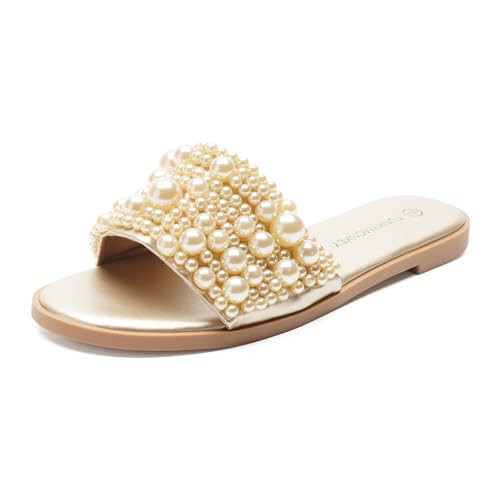FUNKYMONKEY Women's Gold Pearl Slide Sandals Flat Slip-On Open Toe Summer Beach Shoes Elegant Beaded Dressy Mules for Wedding, Party & Casual Wear(6 M US, Lt Gold) | Amazon (US)