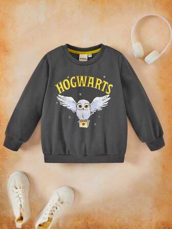 HARRY POTTER X SHEIN Young Girl Cartoon Owl And Letter Printed Casual Long Sleeve Round Neck Swea... | SHEIN