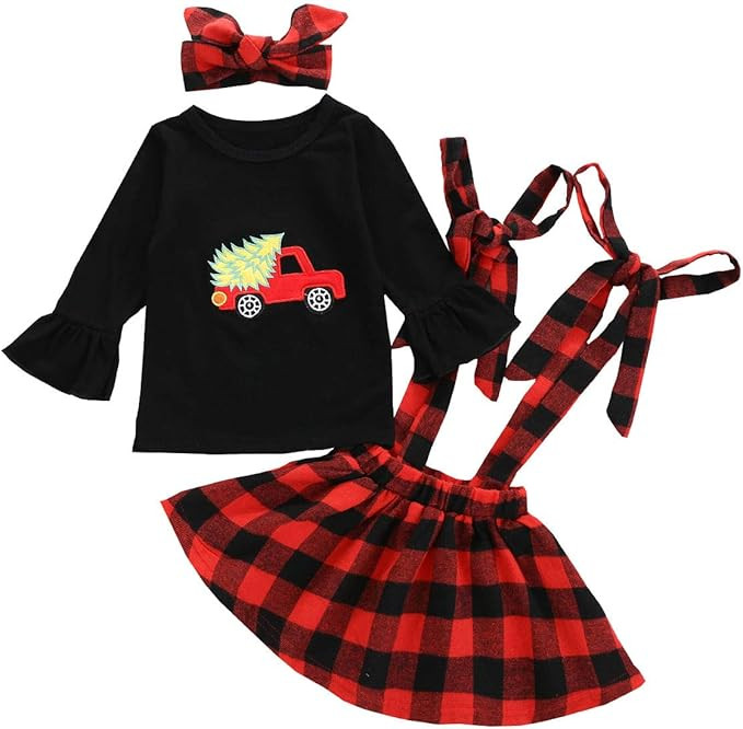Sinhoon Baby Girl Christmas Outfits Toddler Ruffle Print Shirt+Skirt+Headband | Amazon (US)