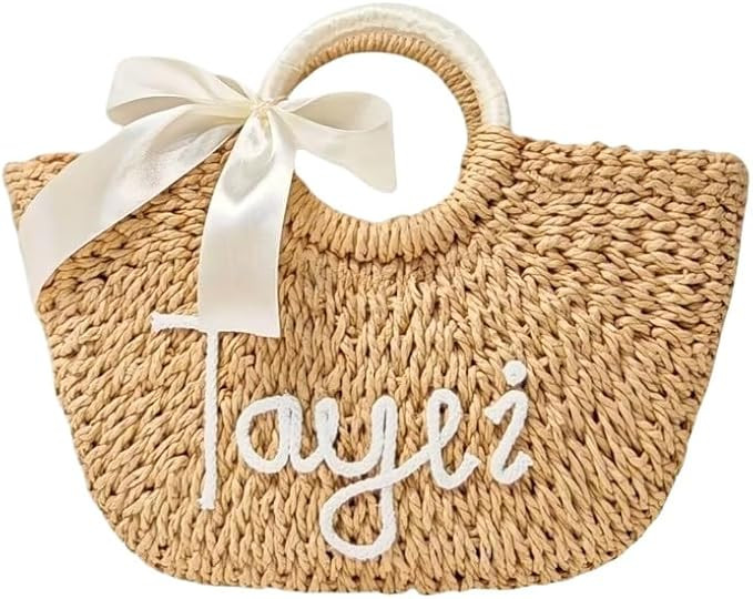 Customizable Letters Summer Hand-woven Straw Rattan Bag Beach Bag Vacation Handbag Top Handle Per... | Amazon (US)