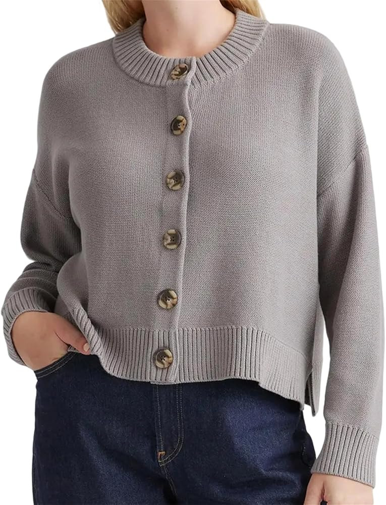 Women’s Basic Button Down Cardigan Casual Crew Neck Long Sleeve Knit Crop Sweater Loose Fit Sol... | Amazon (US)