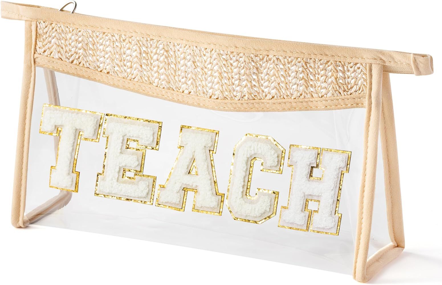 Boho Patch Cosmetic Bag - Summer TEACH White Chenille Varsity Letter Clear Toiletry Bag Aesthetic... | Amazon (US)