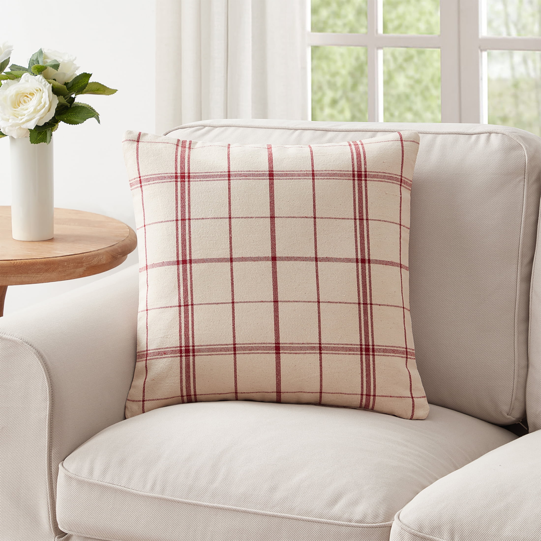 My Texas House Stafford 20" x 20" Farmhouse Red/White Plaid Cotton Square Decorative Pillow Cover... | Walmart (US)