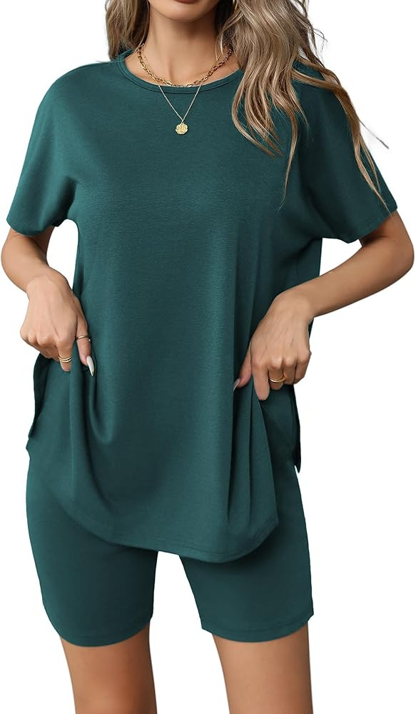Ekouaer Women's 2 Piece Lounge Set 2025 Summer Biker Shorts Set Outfits Short Sleeve Oversized To... | Amazon (US)