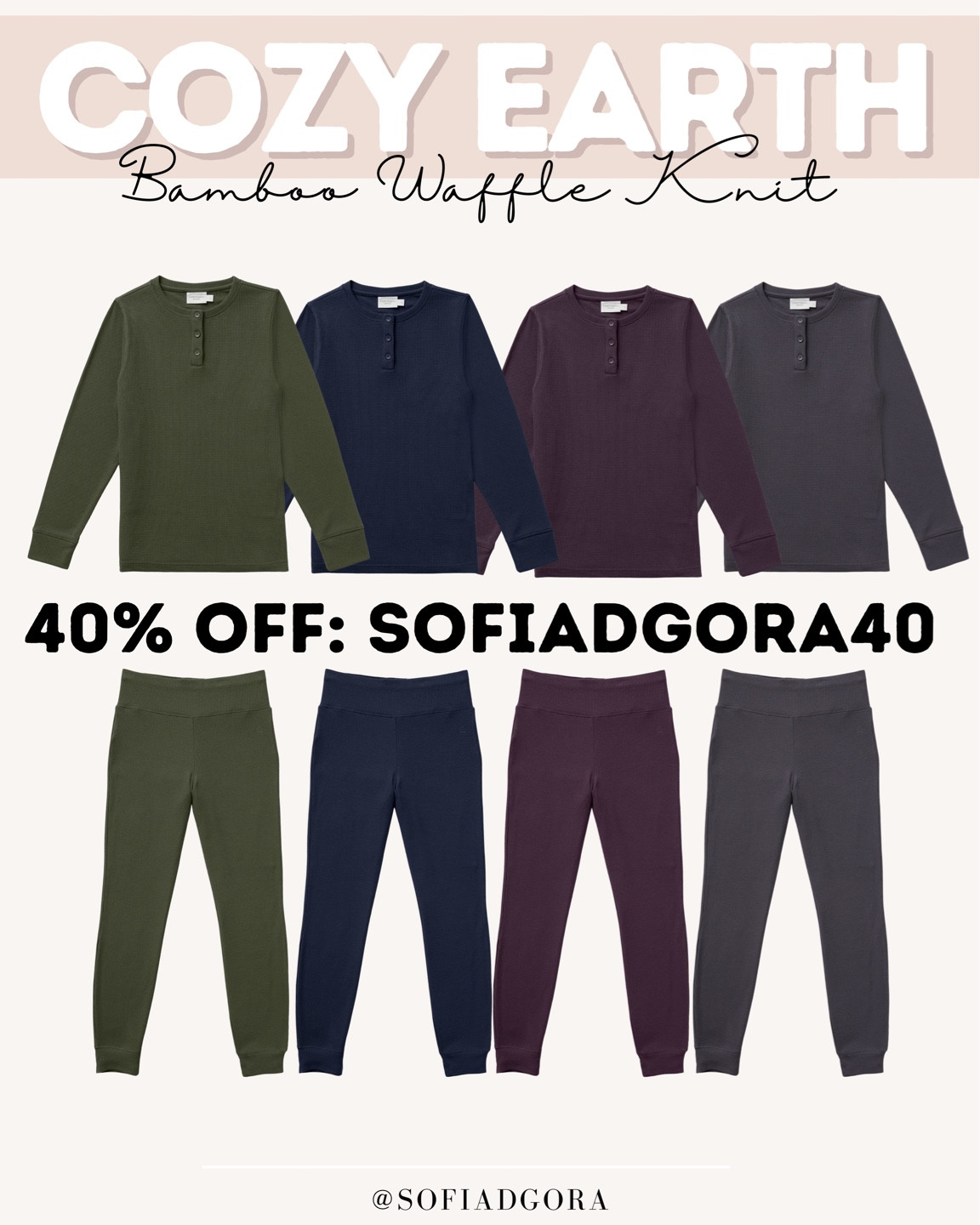 Discover the ultimate in comfort and sustainability with Cozy Earth’s Bamboo Waffle Knits. Ideal for eco-conscious fashionistas, these luxurious, temperature-regulating pajamas blend style with comfort. Get ready for dreamy nights and stylish mornings. Shop now and enjoy a special 40% discount with my exclusive code: SOFIADGORA40. Elevate your sleepwear collection today! #CozyEarth #SustainableFashion #LuxurySleepwear #BambooFabric #EcoFriendlyLiving #FashionBloggerFaves #LTKStyleTip #ComfyChic #NightwearGoals

#LTKGiftGuide #LTKsalealert #LTKSeasonal