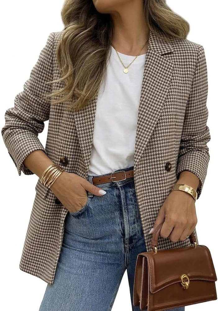 ELLEVEN Women's Oversized Boyfriend Blazer, Plaid Tweed Jacket Fully Lined - Fall Winter Elegant ... | Amazon (US)