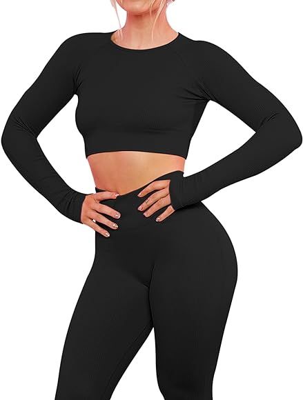 VALANDY Women's Workout Set 2 Piece Gym Seamless Leggings Ribbed Crop Top Active Wear Outfits | Amazon (CA)
