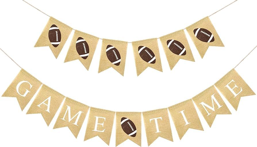 FAKTEEN 2 Pcs Burlap Game Time Banner Football Bunting Garland Sports Theme Party Banner Rustic F... | Amazon (US)