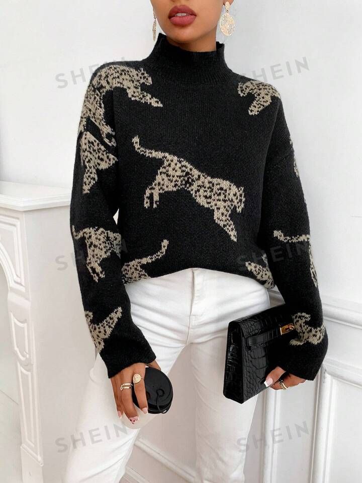 SHEIN Essnce Leopard Pattern High Neck Drop Shoulder Sweater | SHEIN