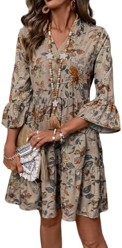 Women Dress 2025 Trendy Vacation Plant Printed Surplice V-Neck Flare Sleeve Short Bohemian Dresse... | Amazon (US)