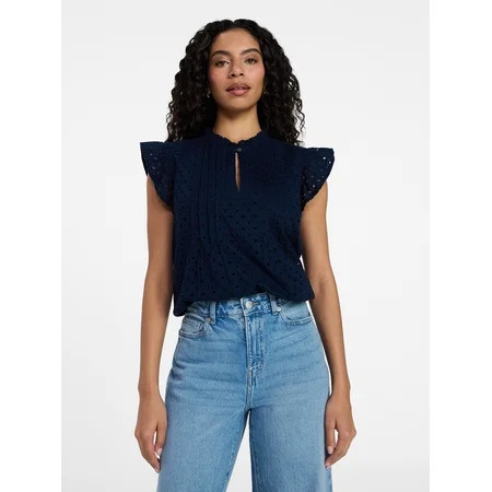 Time and Tru Women's Cotton Eyelet Top with Short Flutter Sleeves, Sizes XS-XXXL | Walmart (US)