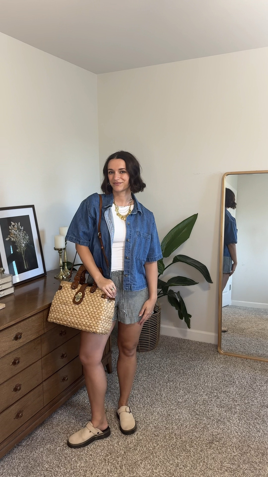 Pinterest outfit inspo for summer🖤 
Patricia Nash Discount Code- MADELINE10 #patricianash #nashionista #patricianashdesigns 
Gingham shorts, denim button down short sleeve shirt, side clogs, chunky jewelry, and summer hand bag form Patricia Nash 

#LTKSeasonal #LTKStyleTip