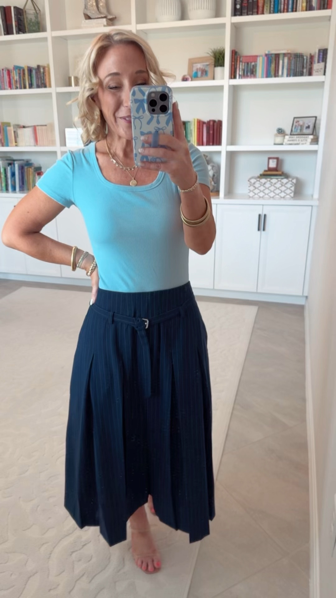 Walmart; new arrivals - part 2:
• Belted pleated pinstripe maxi skirt - size 2 (needed the 0). $30.
• scoop neck t-shirt - size small  
* clear strap wedges - tts. 

#LTKSeasonal #LTKOver40 #LTKFindsUnder50