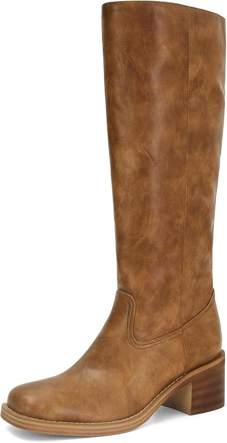 Womens Banana Knee High Boots Square Toe Comfortable Campus Boots Block Heel Riding Boots Wide Ca... | Amazon (US)
