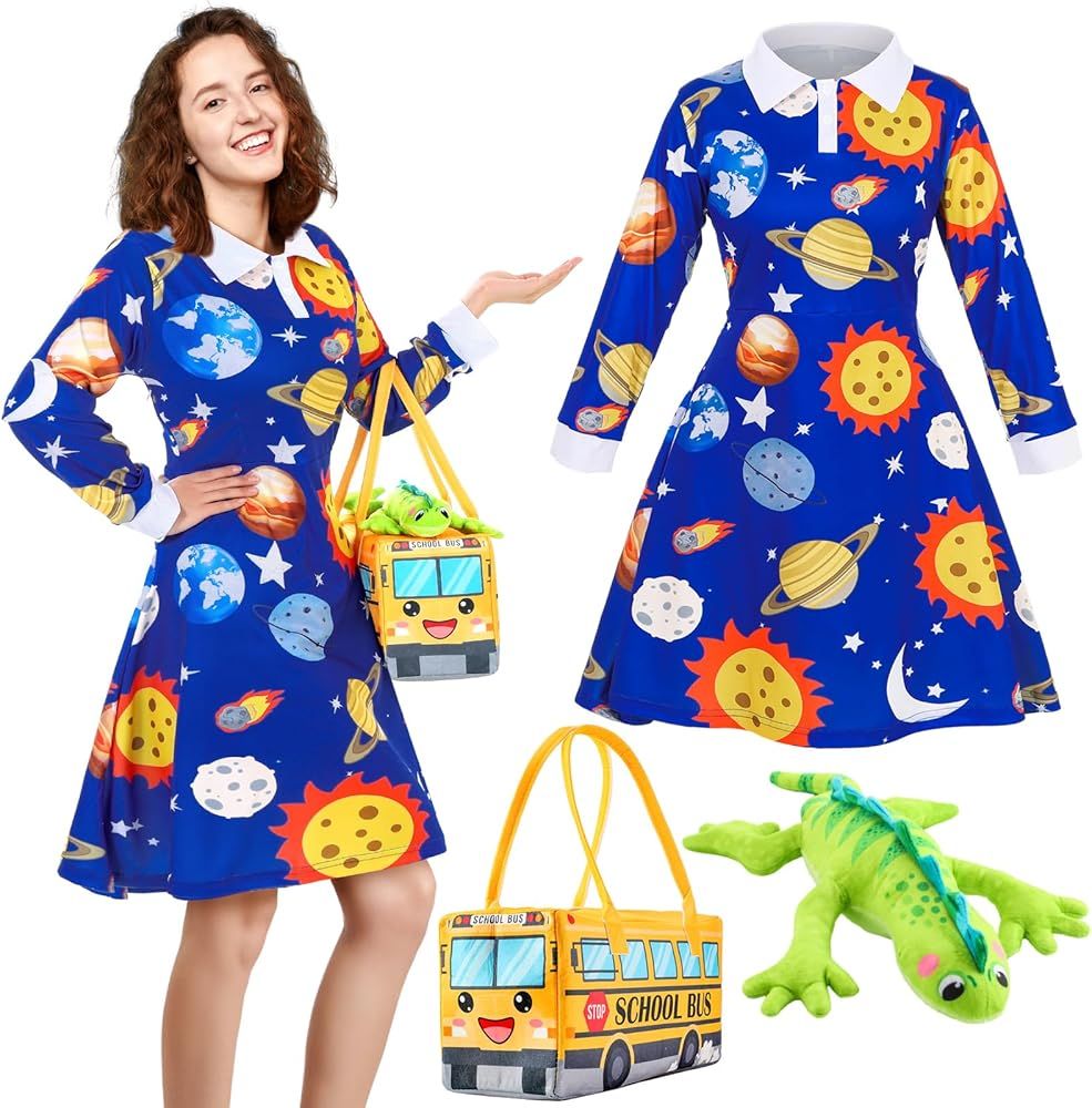 ramede 3 Pcs Women Halloween Teacher Costume Set Vintage Long Sleeve Dress with School Bus Bag fo... | Amazon (US)