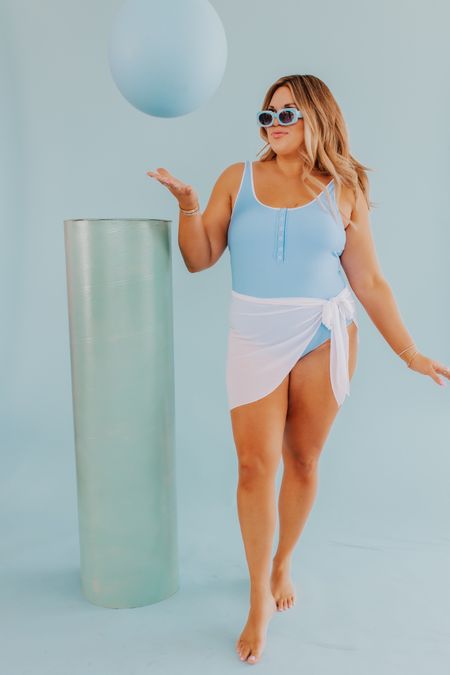 button front one piece in cotton candy blue! 💙 wearing size large in suit and sarong! 

#LTKcurves #LTKunder100 #LTKswim