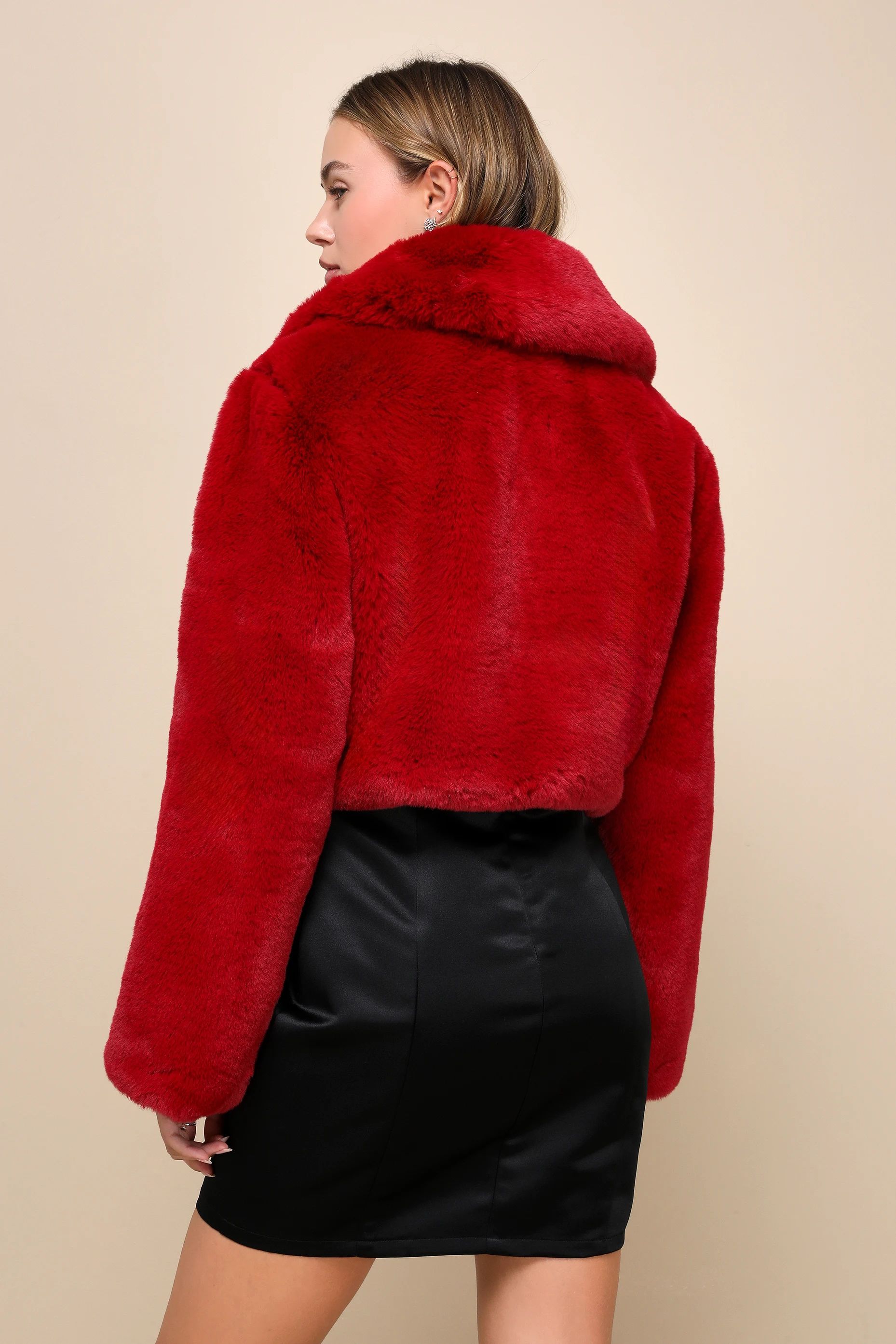 Lavish Attitude Red Faux Fur Collared Cropped Jacket | Lulus (US)