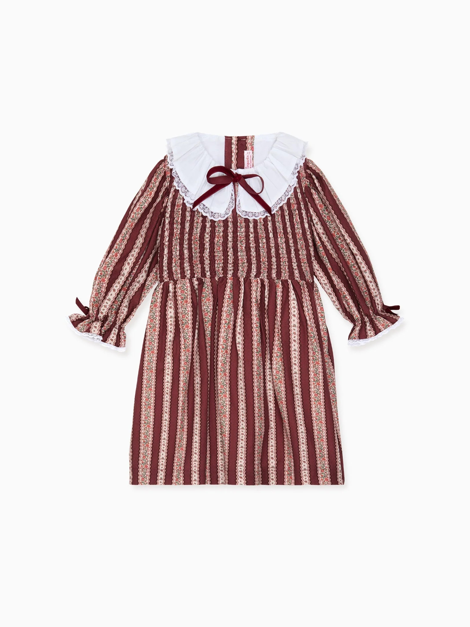 Burgundy Floral Stripe Festa Girl Hand-Smocked Dress | La Coqueta (US)
