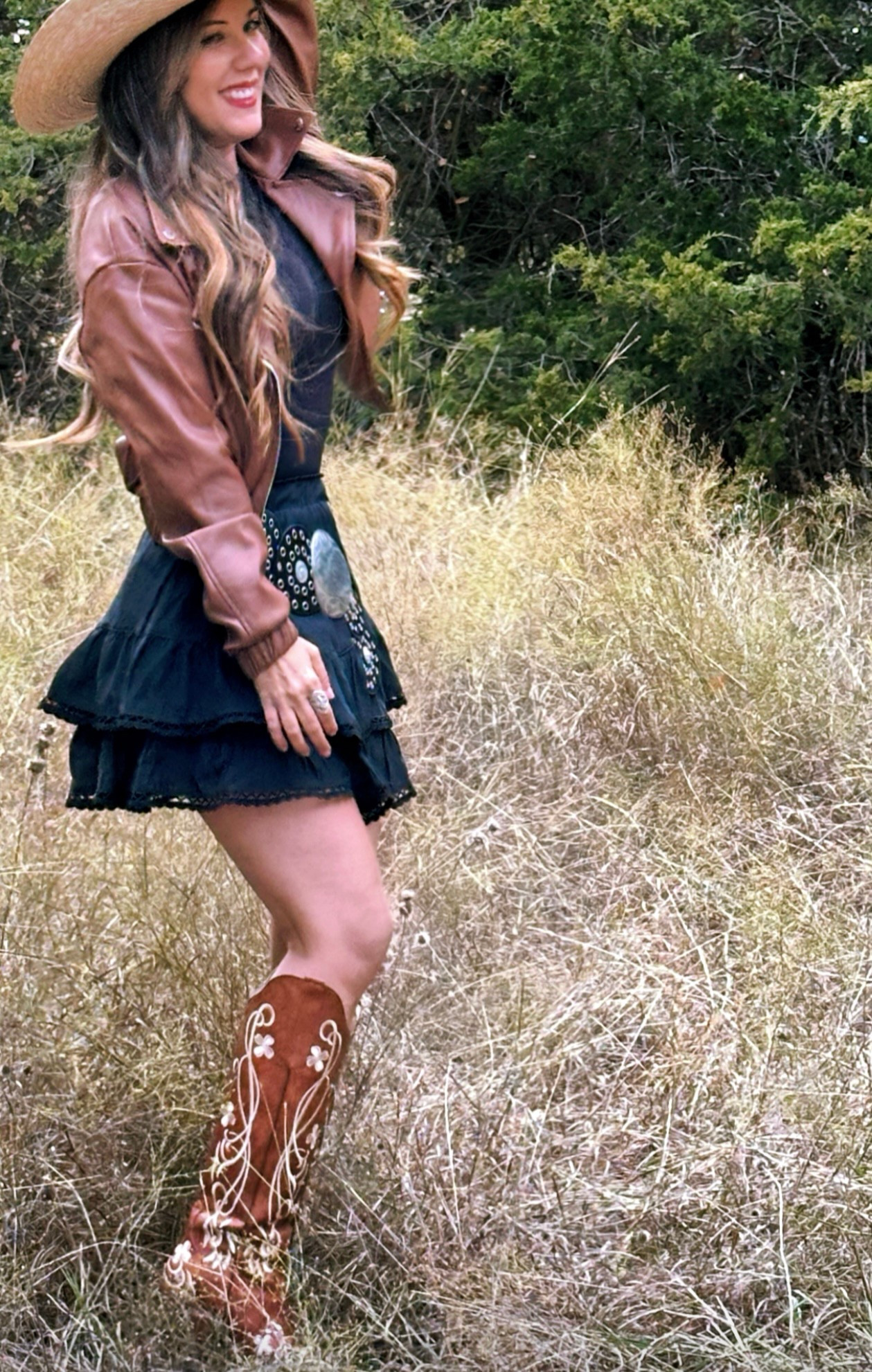 Holiday outfit — skirt (with shorts), bodysuit, belt, cowgirl boots. Country outfit! 

#LTKSeasonal #LTKCyberWeek #LTKHoliday