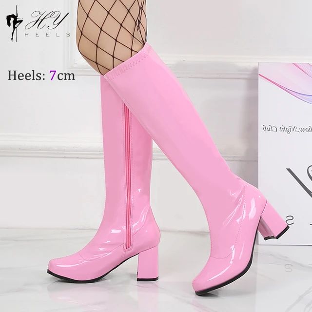 Nova moda chunky heel 60s 70s botas gogo mulheres na altura do joelho de alta bota sexy brilhando... | Aliexpress BR (BR)