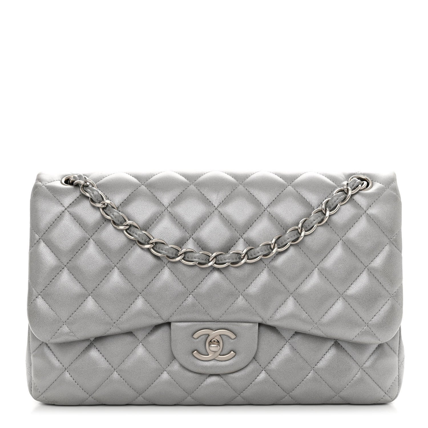 Metallic Lambskin Quilted Jumbo Double Flap Silver | FASHIONPHILE (US)