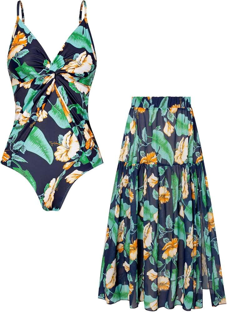 GRACE KARIN Women's One Piece Swimsuits with Cover Up Skirt Tummy Control V Neck Bathing Suits | Amazon (US)