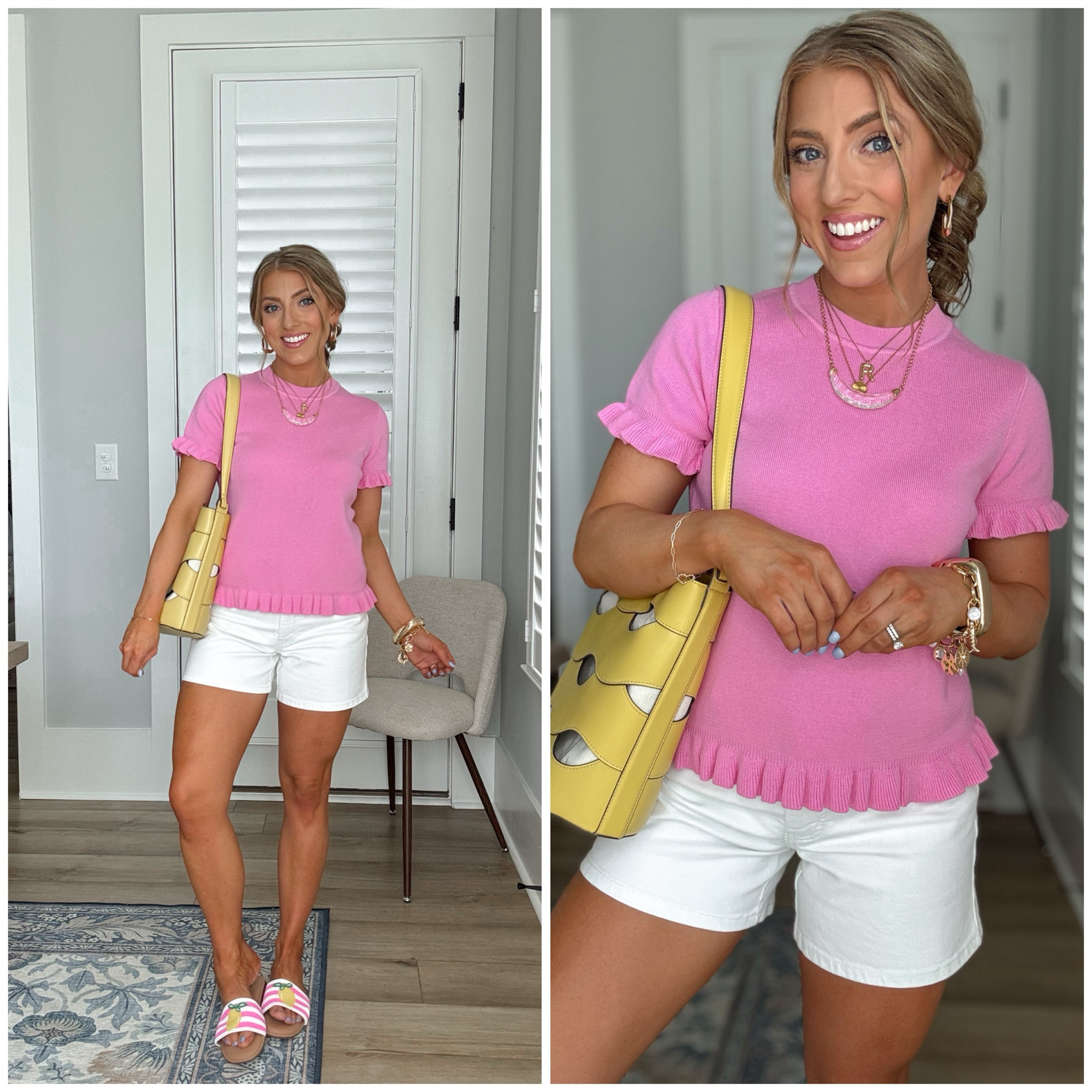 This Walmart outfit is giving the happiest summer vibes 💕 the ruffle detail sweater + white shorts combo is such an easy throw on and go look! Added this fun statement bag for a pop of color ☀️
All affordable, all on Walmart, and all so good

#walmartfashionfinds #walmartstyle #summeroutfits #pinkoutfit #casualchicstyle #affordablestyle #momoutfits #outfitideas #everydaywear #springtosummer #walmartfinds #budgetstyle

#LTKPetite #LTKootd