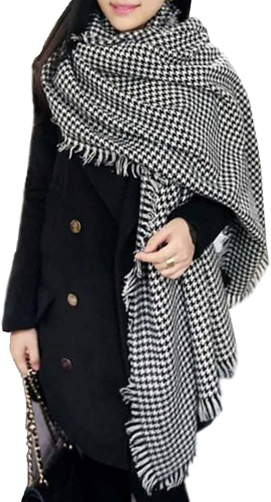 Tartan Blanket Scarf Wrap Shawl Houndstooth Scarf Open Front Poncho Capes with Tassels | Amazon (US)