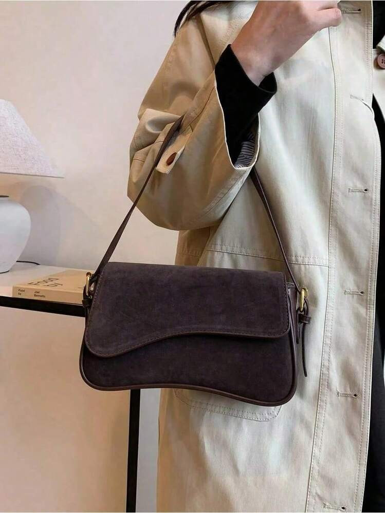 REMANLAND Women's Retro Brown Suede Flap Shoulder Bag, Adjustable Strap Underarm & Crossbody Purse, Vintage PU Trim, Casual & Office Daily Use | SHEIN