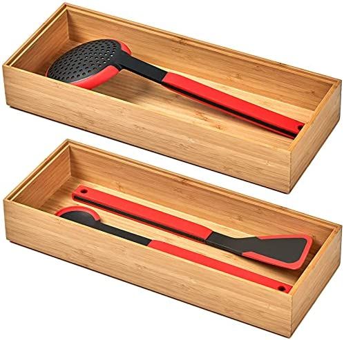 Bamboo Kitchen Drawer Organizer Boxes with Anti-Skid Silicone Feet, 2pcs Stackable Storage Bins f... | Amazon (US)