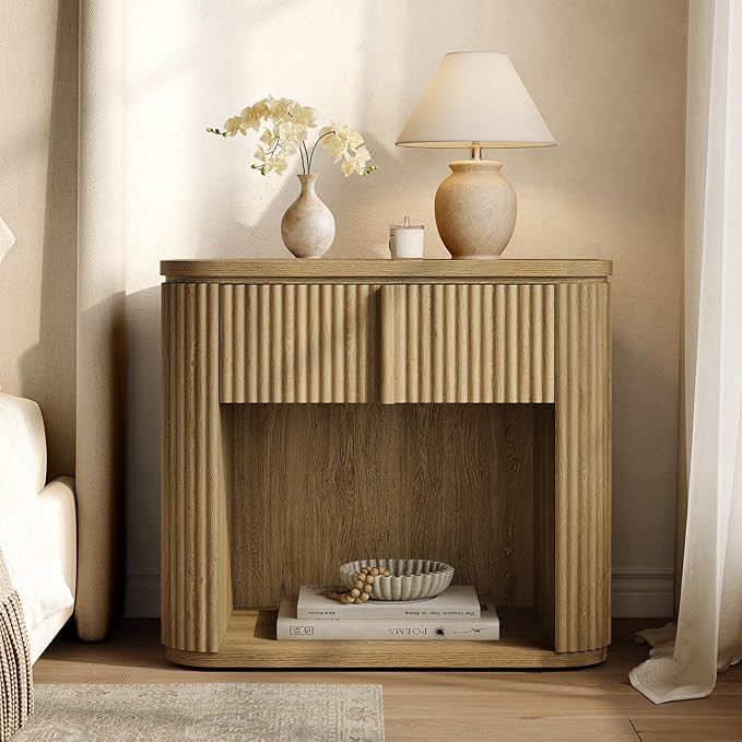 SICOTAS Fluted Nightstand with Drawer, 25" Tall Mid Century Bedside Table with Open Storage Shelf... | Amazon (US)