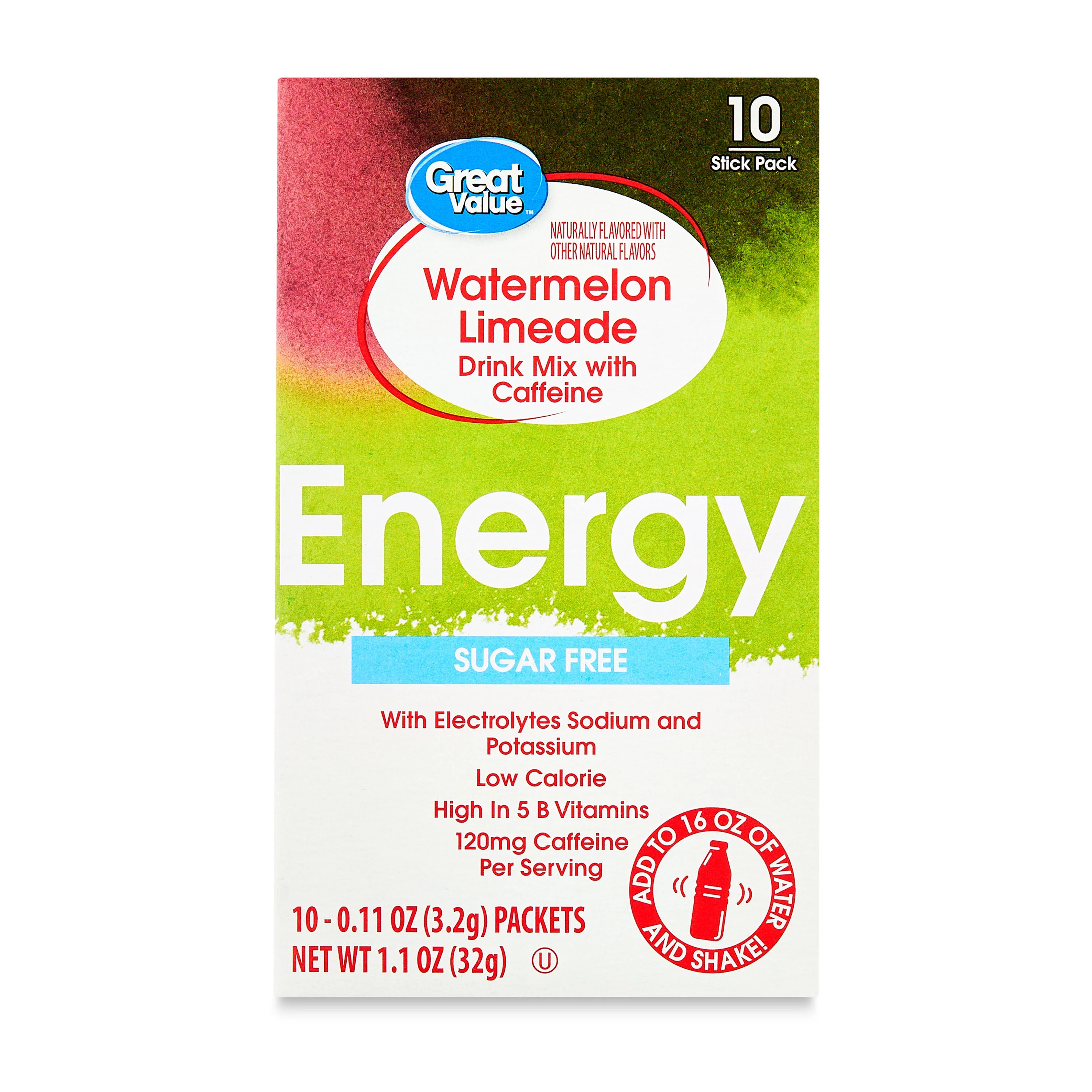 Great Value Energy Electrolyte Watermelon Limeade Liquid Drink Mix, Sugar-Free, 1.1 oz, 10 Packet | Walmart (US)