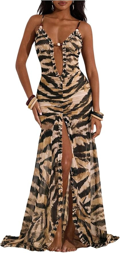 WDIRARA Women's Zebra Printed Ruched Bodycon Maxi Dress Cut Out Sleeveless High Split Cami Dresse... | Amazon (US)