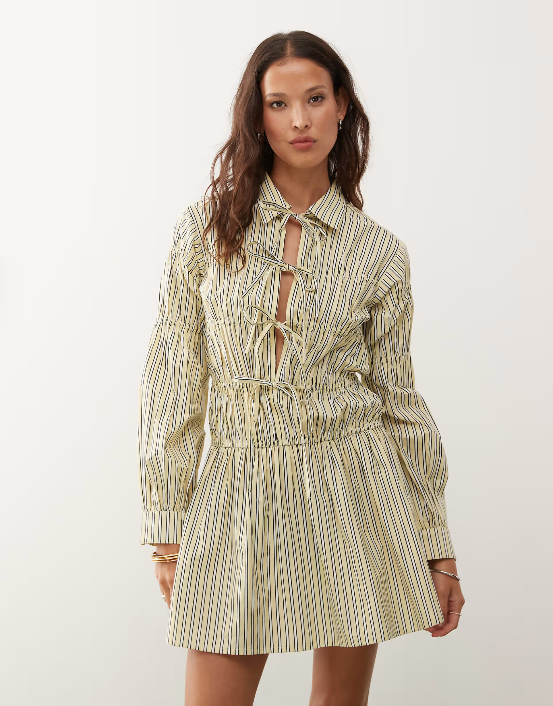COLLUSION shirred tie detail shirt dress in yellow stripes | ASOS | ASOS (Global)