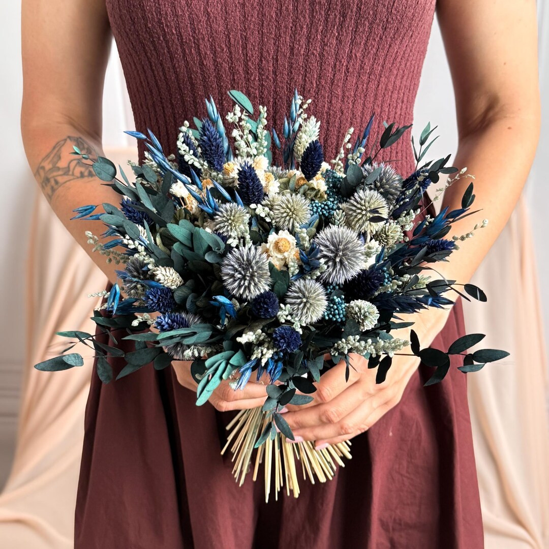 Dried Flowers Bridal Bouquet, Rustic Wildflowers Wedding Bouquet, Navy Blue Flowers, Bridesmaid B... | Etsy (US)