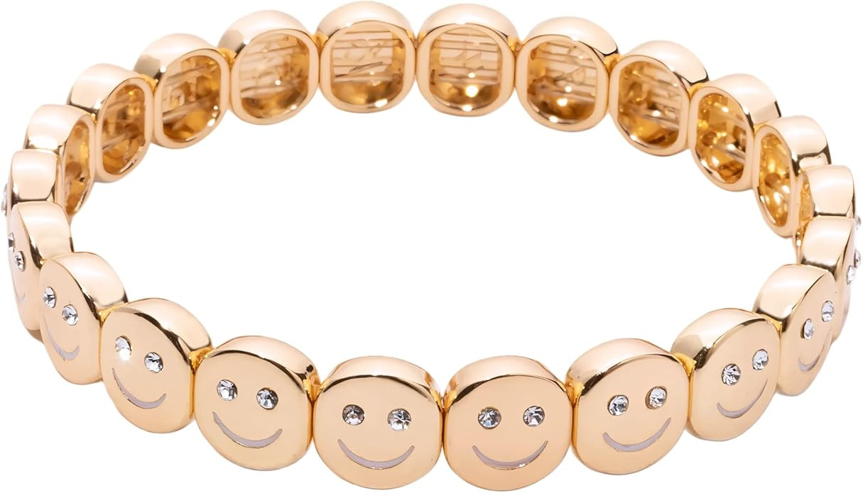Gold Happy Face Gemstone Bangle Bracelet for Women, Elastic Zinc Alloy Bracelet with Zirconia Sto... | Amazon (US)