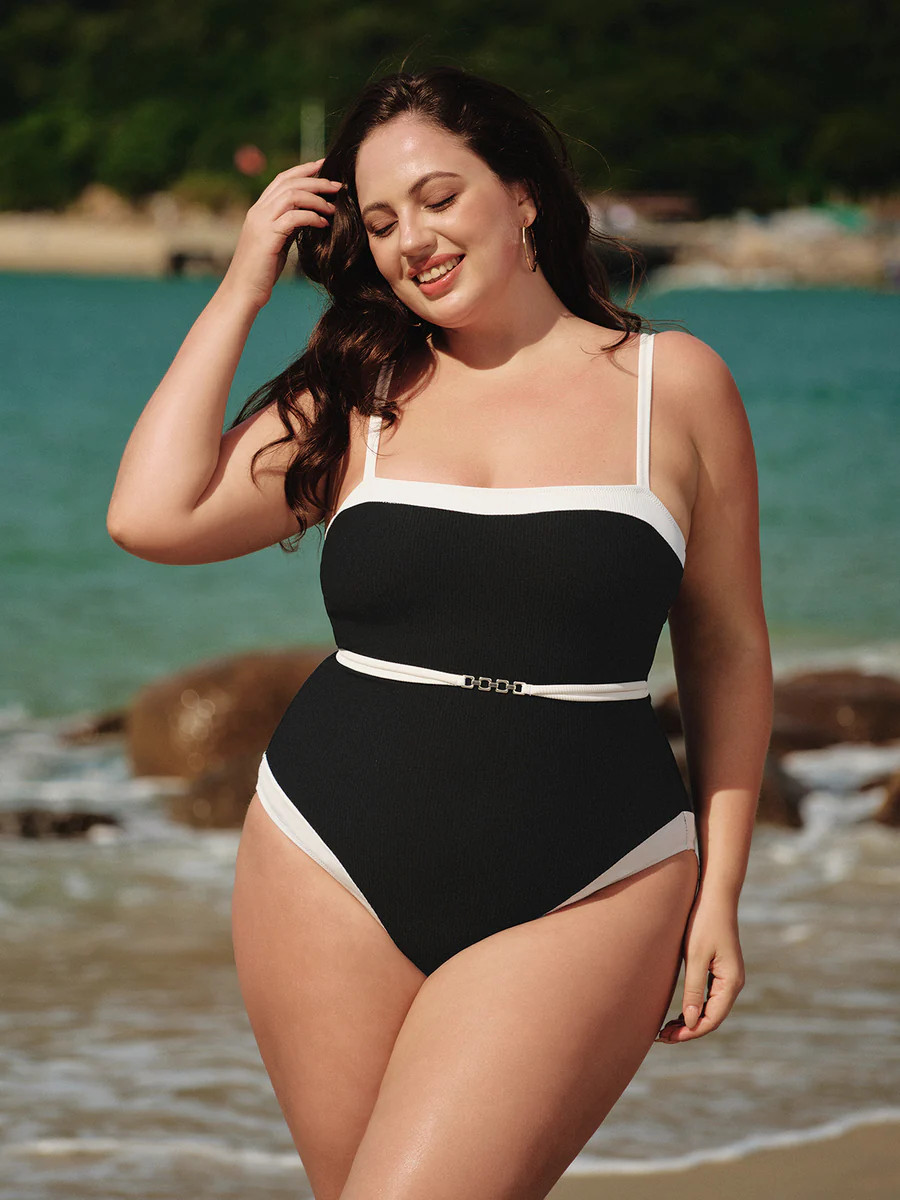 Black Contrast Gleam Plus Size One-Piece Swimsuit & Reviews - Black - Sustainable Plus Size One-P... | BERLOOK