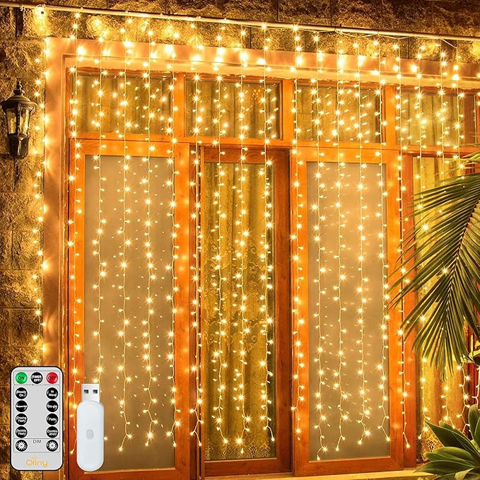 Ollny Curtain Lights 200LED 6.6x6.6ft, USB Christmas Curtain Lights Warm White with Remote 8 Mode... | Amazon (US)