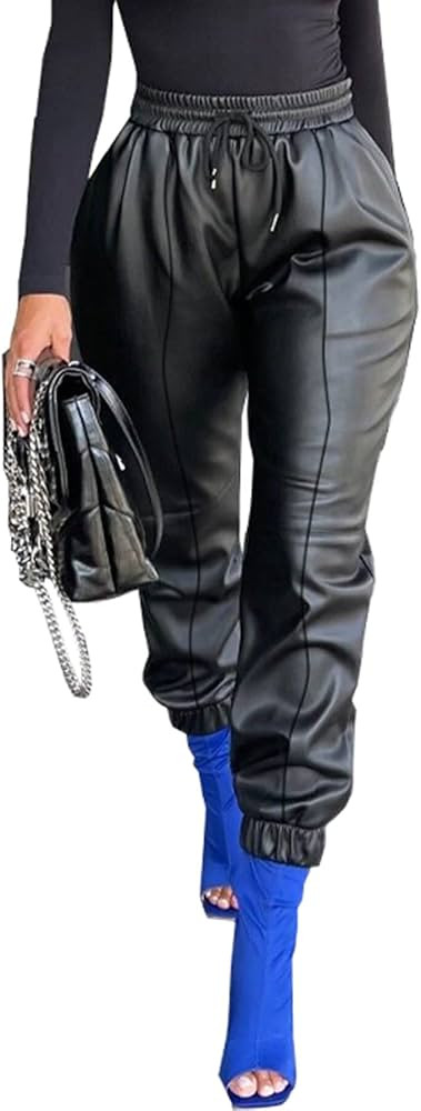 Voghtic Leather Pants for Women High Waist PU Faux Drawstring Leggings Joggers with Pockets | Amazon (US)