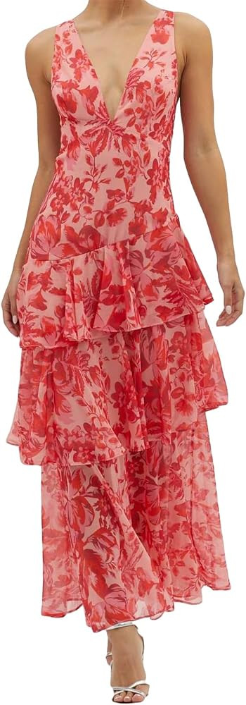 Qikaka Women's Sleeveless Deep V Neck Printed Chiffon Ruffles Bodycon Sexy Nightclub Party Dress | Amazon (US)