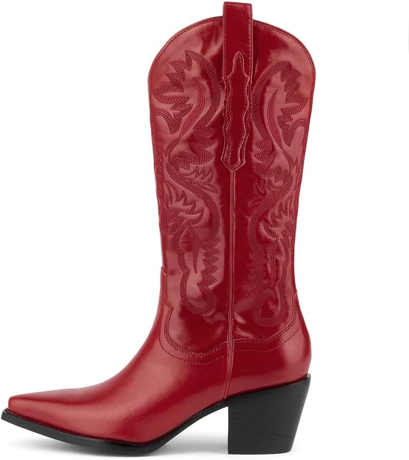 Womens Western Cowgirl Boots Embroidered Cowboy Boots Chunky High Heel Mid Calf Boots Retro Point... | Amazon (US)