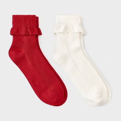 Women's Pointelle Scallop Turn-Cuff 2pk Ankle Socks - Auden™ Red/Ivory 4-10 | Target