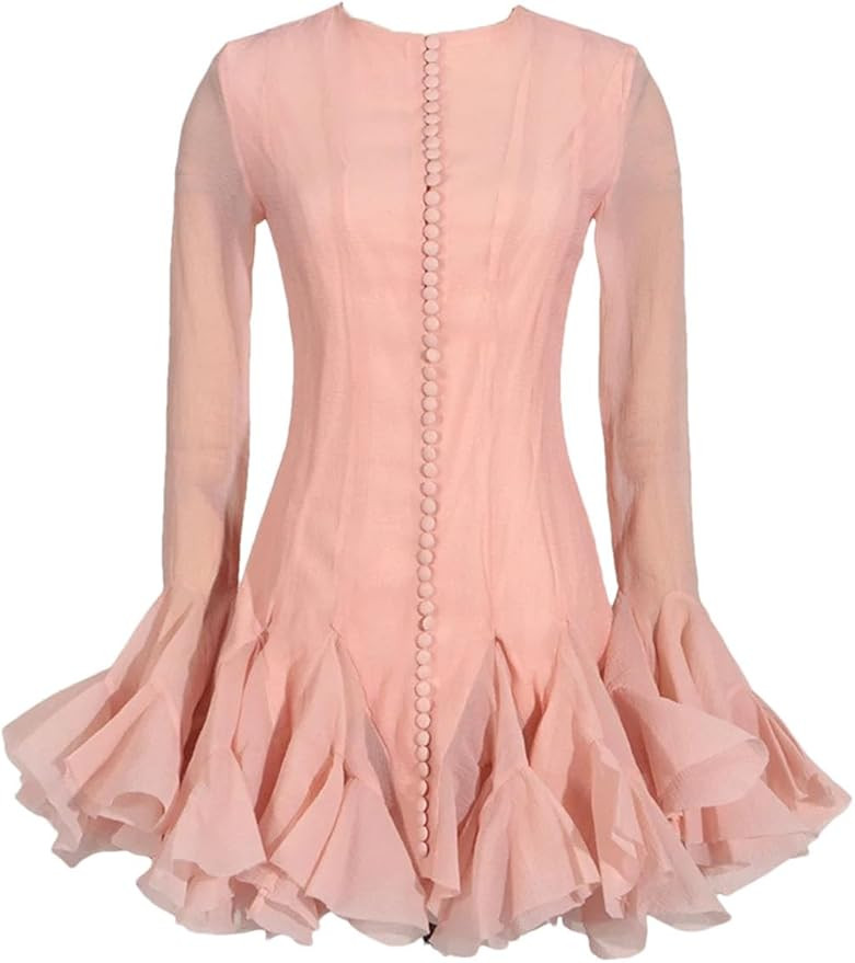 Solid Short Dress for Women Round Neck Flare Sleeve High Waist Spliced Ruffles Slimming Dresses | Amazon (US)