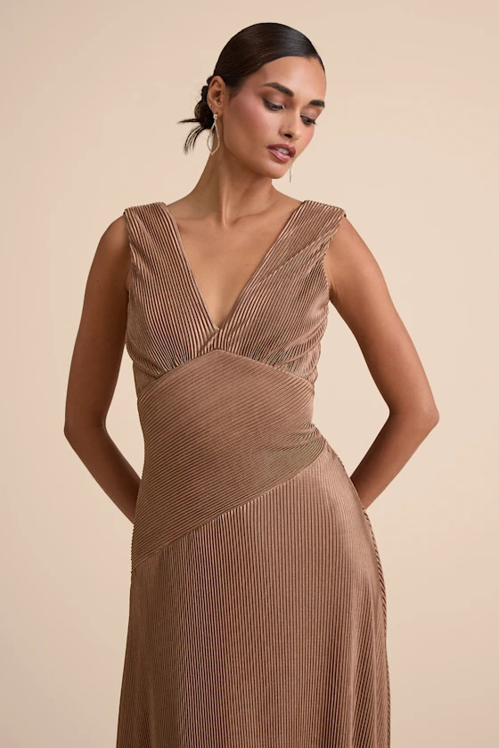 Renee Light Brown Satin Plisse V-Neck Maxi Dress | Lulus
